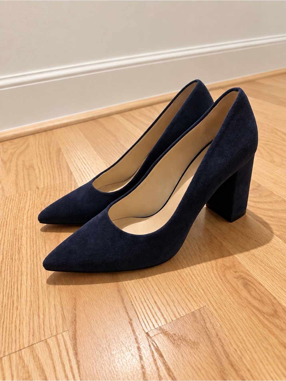 Franco Sarto Navy Suede Pointed Toe Block Heel Pumps